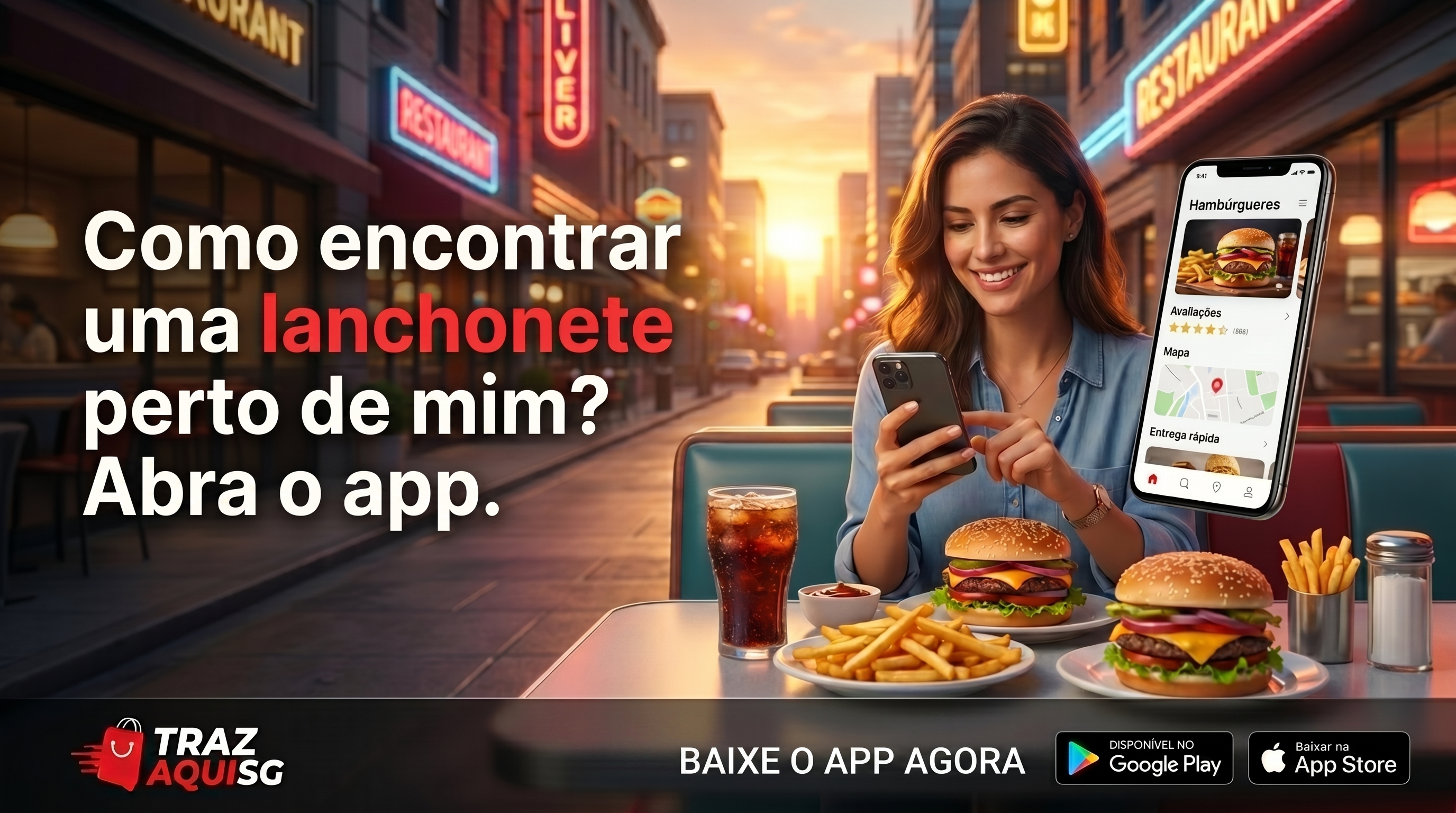 “Encontre as melhores lanchonetes da sua região em poucos segundos. Peça rápido, descubra novos sabores e receba tudo com agilidade pelo Traz AquiSG.”