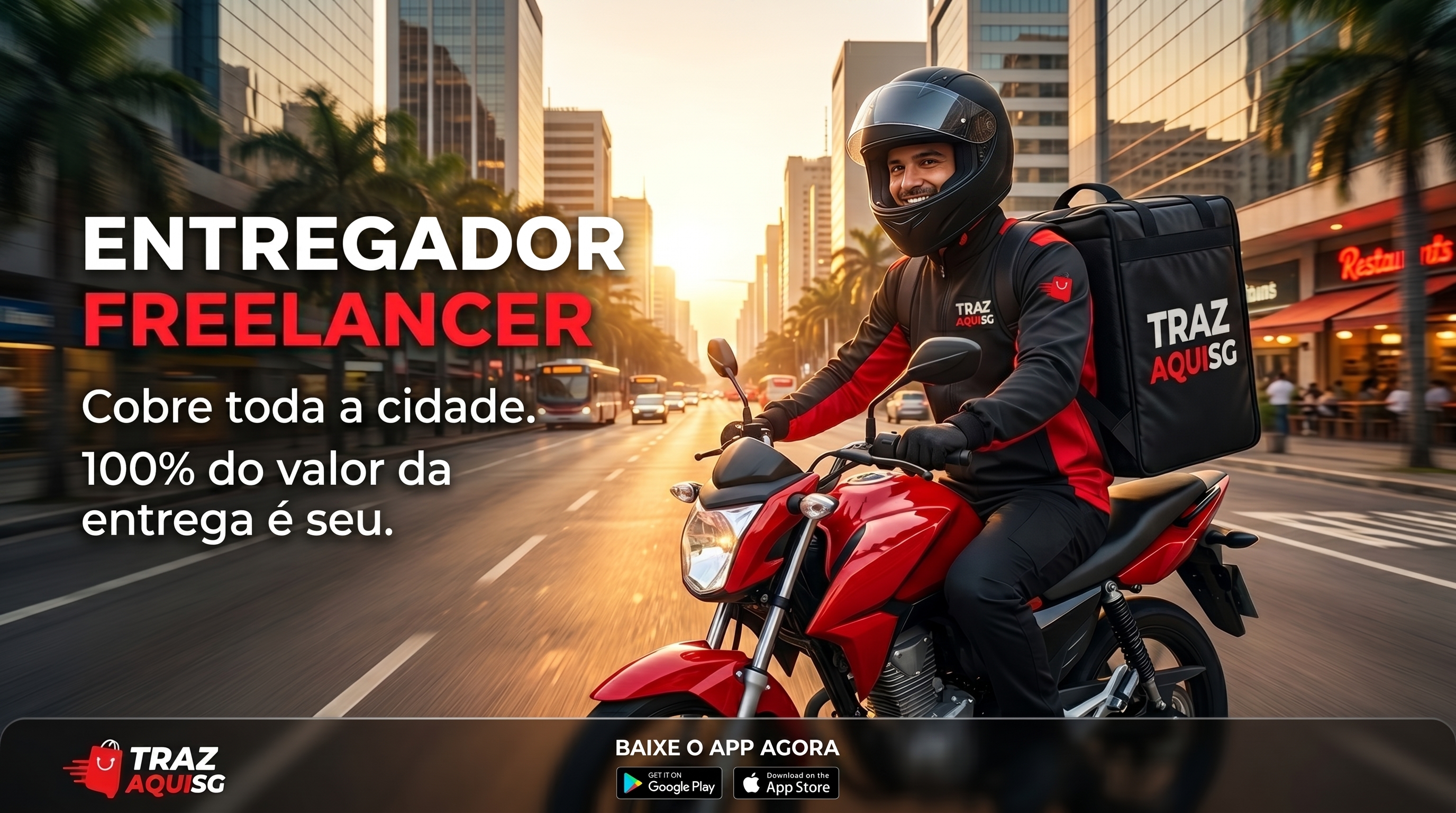 “Ganhe mais liberdade nas entregas com o Traz AquiSG. Faça seu próprio caminho, percorra toda a cidade e aumente seus ganhos com autonomia e praticidade.”